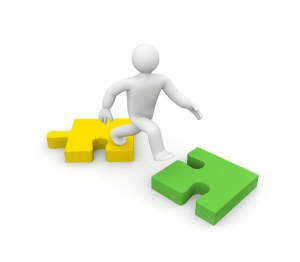 The person jumps on puzzles